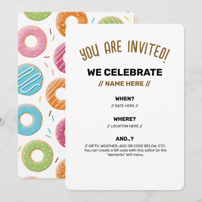 Retro-farbige Donut-Muster Minimalist Party-Spaß Einladung (Vorne/Hinten)