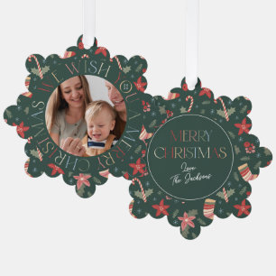 Retro-farbige grüne Weihnachts-Blumen-Foto Ornament Karte