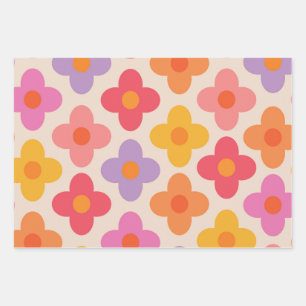 Retro Farbige Hippie Mod Blumen Muster Geschenkpapier Set