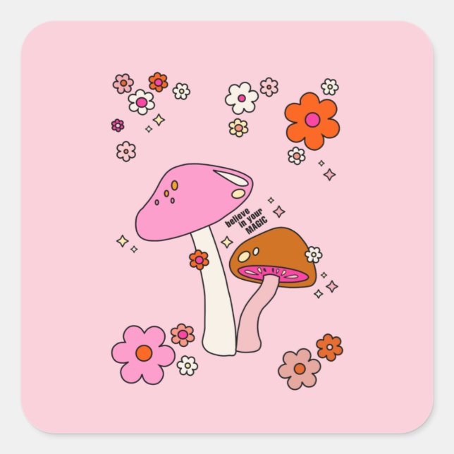 Retro-farbige Pilze und Blume rosa Quadratischer Aufkleber (Vorderseite)