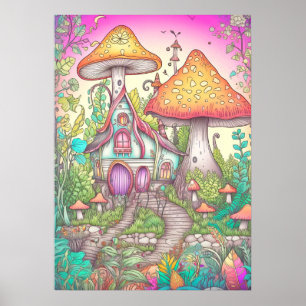 Retro-farbige Pilzwaldwohnung Poster