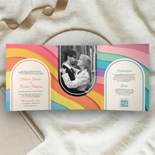 Retro Farbige Regenbogenbogen-Foto-QR-Code-Hochzei Dreifach Gefaltete Einladung
