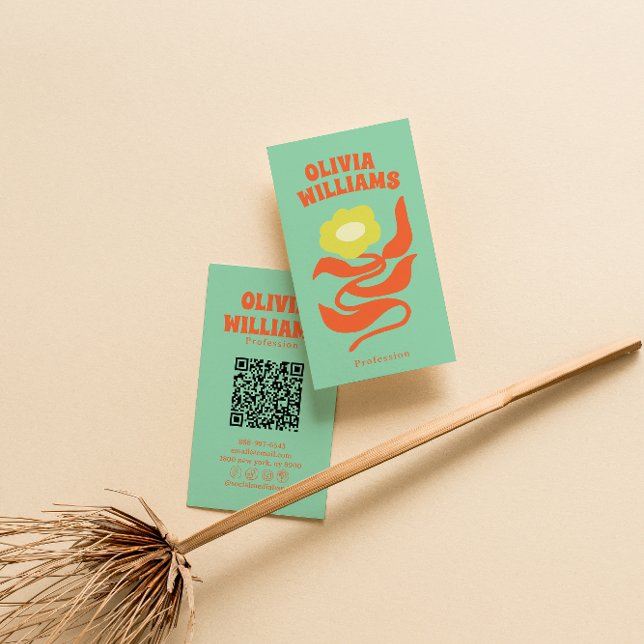 Retro Farbiger QR-Code Boho Groovy Floral Daisy Visitenkarte (Von Creator hochgeladen)