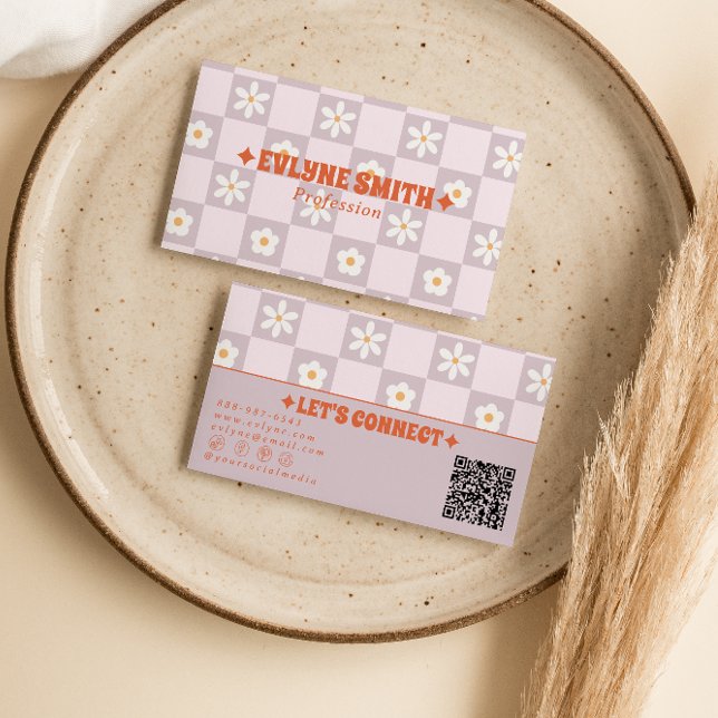 Retro-farbiger QR-Code-Schachbrett-Blumen-Spaß Visitenkarte (Von Creator hochgeladen)