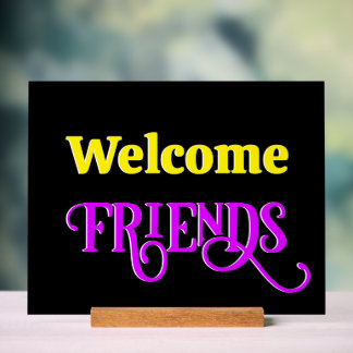 Rétro FAUX Néon Bienvenue amis Jaune et Violet
