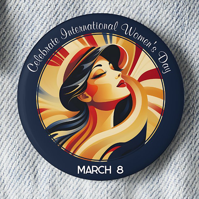 Retro feiert Internationalen Frauentag Button (Navy Blue Celebrate International Women's Day March 8 pinback button.)
