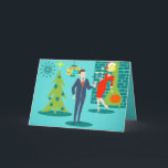 Retro Feiertags-Cartoon-Paar-Weihnachtskarte Feiertagskarte<br><div class="desc">Diese Retro Feiertags-Cartoon-Paar-Weihnachtskarte setzt Sie in den Feiertagsgeist ein. Die vorderen Ausrüstungsbeschreibungen ein Türkishintergrund mit aquamarinen Ziegelsteinen und einem olivgrünen Grün, Kegelkamin. Es gibt eine aquamarine, Sternexplosionwanduhr und eine Zweireihe hängende Lampe in den Schatten von Gelbem, von Blau und von Schwarzem. Ein grüner Weihnachtsbaum wird mit einem gelben Stern und...</div>