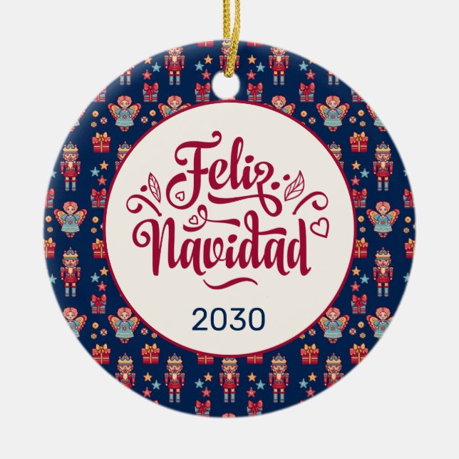 Retro Feliz Navidad Keramik Ornament (Vorne)