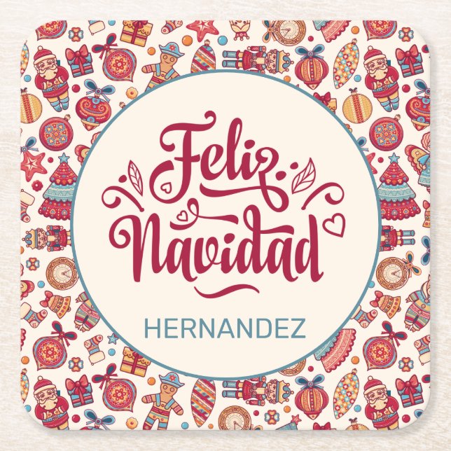 Retro Feliz Navidad Personalisiert Rechteckiger Pappuntersetzer (Vorderseite)