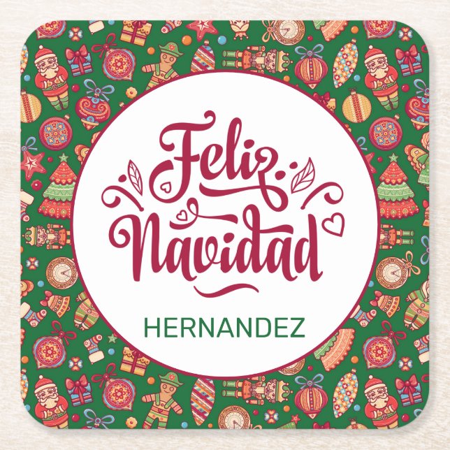 Retro Feliz Navidad Personalisiert Rechteckiger Pappuntersetzer (Vorderseite)