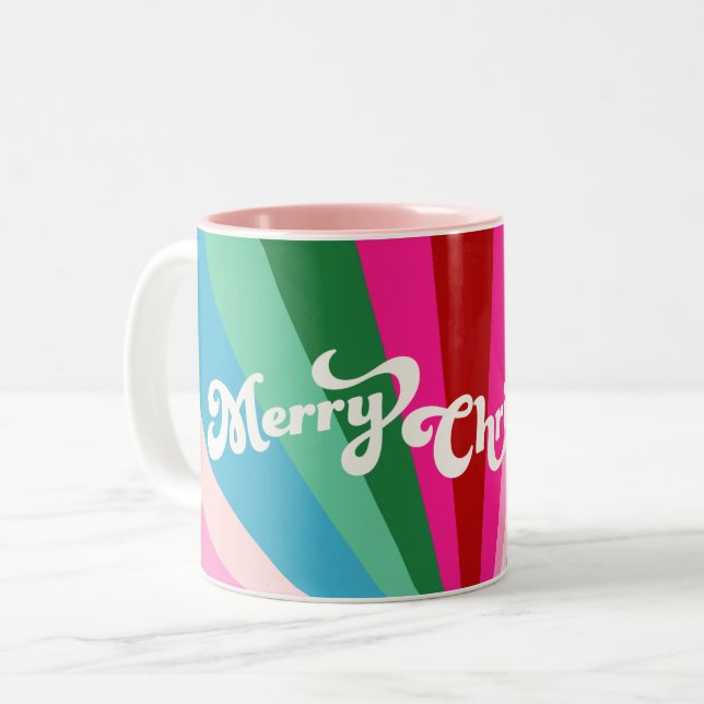 Retro Festival Rainbow Pink Weihnachten Zweifarbige Tasse (Vorderseite Links)
