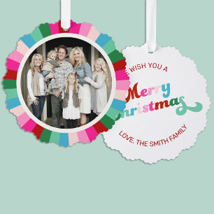 Retro Festive Bright Strips Weihnachts-Foto Ornament Karte