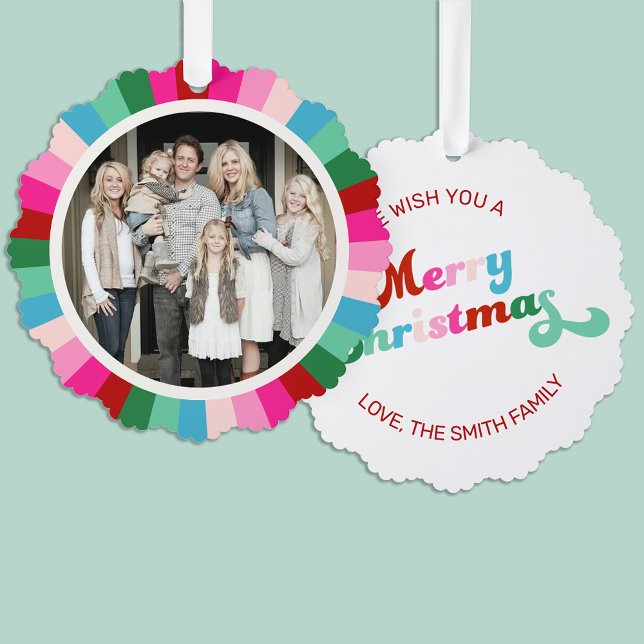 Retro Festive Bright Strips Weihnachts-Foto Ornament Karte (Von Creator hochgeladen)