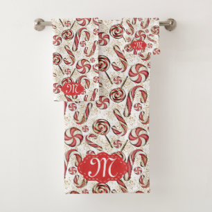 Retro Festive Red Candy Cane Muster Monogramm Badhandtuch Set