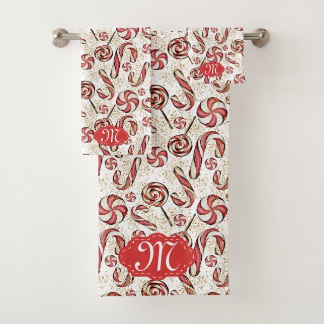 Retro Festive Red Candy Cane Muster Monogramm Badhandtuch Set (Insitu)