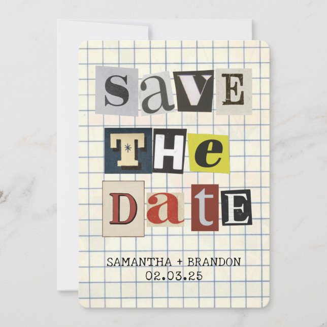 Retro-fette Papiercollage-Buchstabe Qr-Code  Save The Date (Vorderseite)