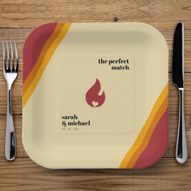 Retro-Feuerherz gestreift die perfekte Match-Hochz Pappteller (Retro Fire Heart Striped The Perfect Match Wedding Paper Plates
)