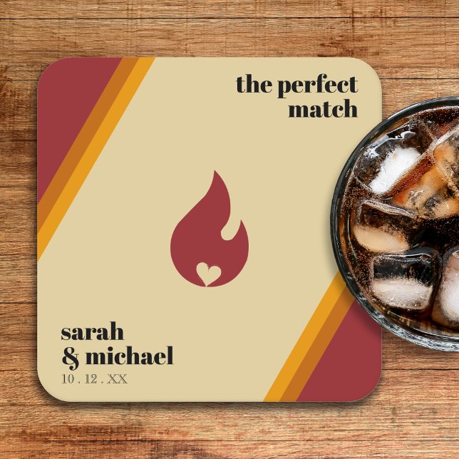 Retro-Feuerherz gestreift die perfekte Match-Hochz Rechteckiger Pappuntersetzer (Retro Fire Heart Striped The Perfect Match Wedding Square Paper Coaster
)
