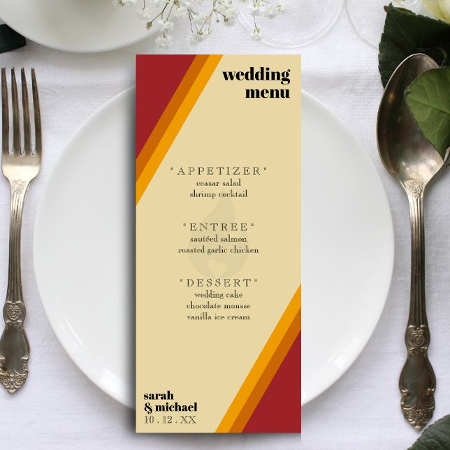 Retro-Feuerherz gestreift Hochzeitsempfang Menükarte (Retro Fire Heart Striped Wedding Reception Menu)