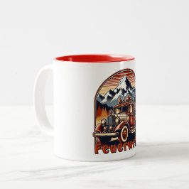 Retro-Feuerwehrauto & Berg Zweifarbige Tasse