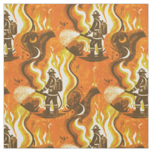 Retro-Feuerwehrmann und Flammen in Orange und Gelb Stoff