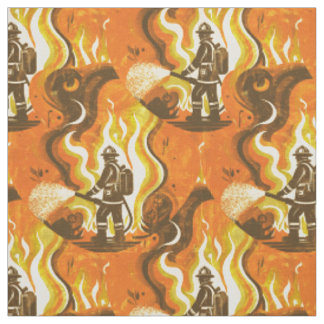 Retro-Feuerwehrmann und Flammen in Orange und Gelb Stoff