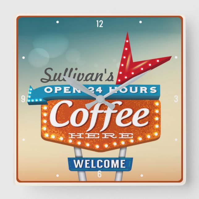 Retro Fifties Coffee Café Personalisiert Diner Sig Quadratische Wanduhr (Vorderseite)