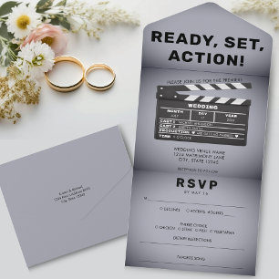 Retro-Film Klappe Grau Hochzeit All In One Einladung