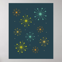 Retro Fireworks Starbursts on Dark Blue Midcentury