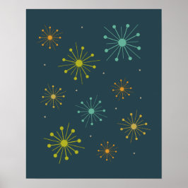 Retro Fireworks Starbursts on Dark Blue Midcentury Poster