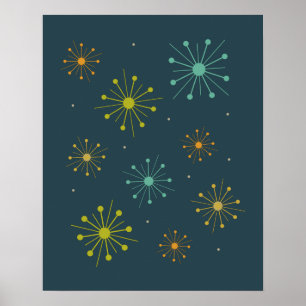Retro Fireworks Starbursts on Dark Blue Midcentury Poster