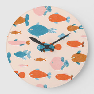 Retro-Fisch: Risograph-Stilmuster Große Wanduhr