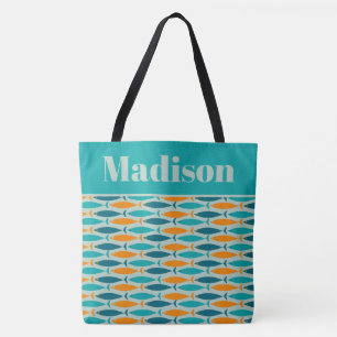 Retro Fish Muster Türkis Orange Personalisiert Tasche