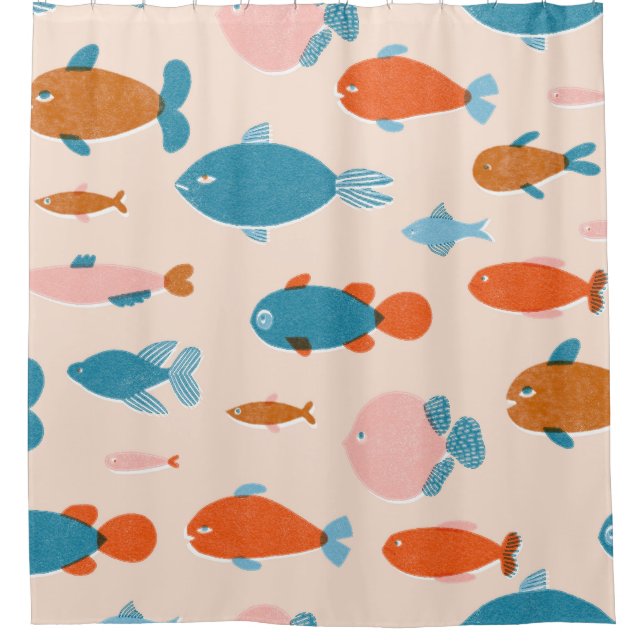 Retro Fish: Risograph Style Pattern Duschvorhang (Vorderseite)