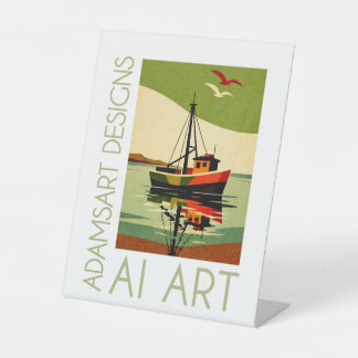 Retro Fishing Boat Reflection Mid-Century Sockelschild