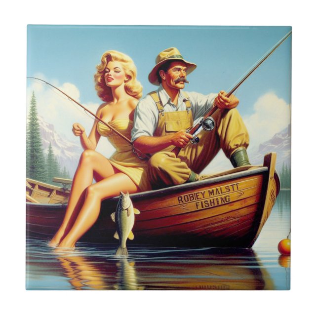 Retro FIshing Illustration Fliese (Vorderseite)