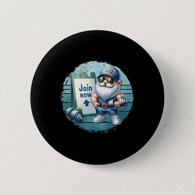 Retro Fitness Gnome In Gym Outfit With Dumbbells V Button (Vorderseite)