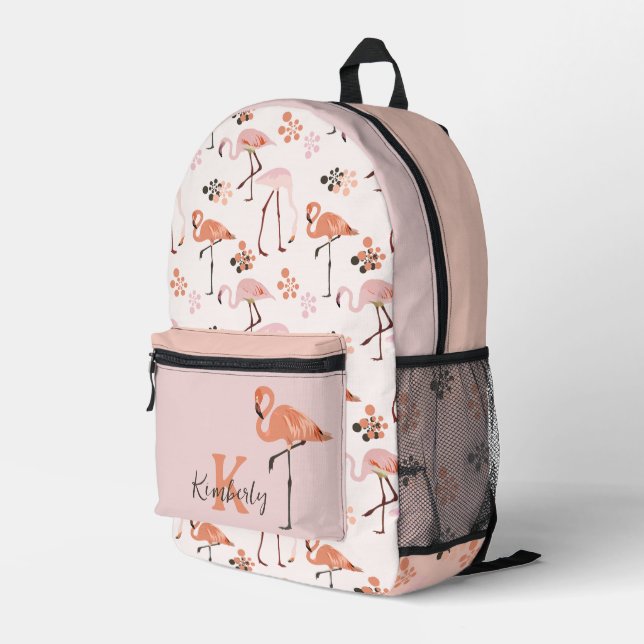 Retro Flamingo Monogram Name Peach Pink Bedruckter Rucksack (Rückseitige Ecke Rechts)