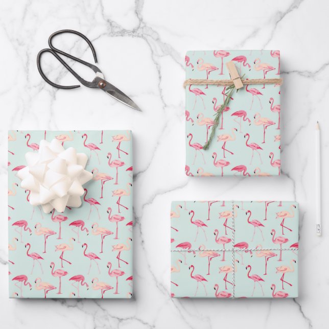 Retro Flamingo Muster Geschenkpapier Set (Vorderseite)