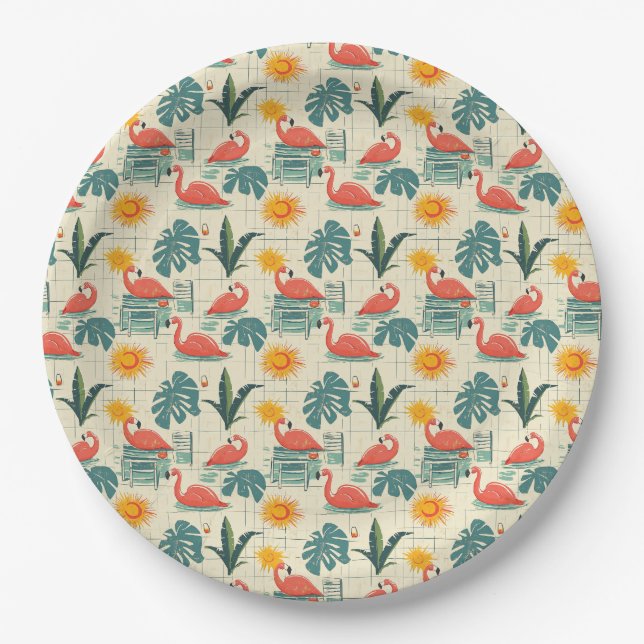 Retro-Flamingo-Pool-Side-Sommer-Muster (12) Pappteller (Vorderseite)