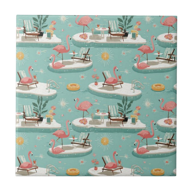 Retro-Flamingo-Poolside-Sommer-Muster (11) Fliese (Vorderseite)