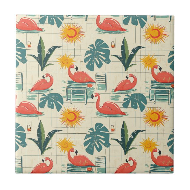 Retro-Flamingo-Poolside-Sommer-Muster (12) Fliese (Vorderseite)