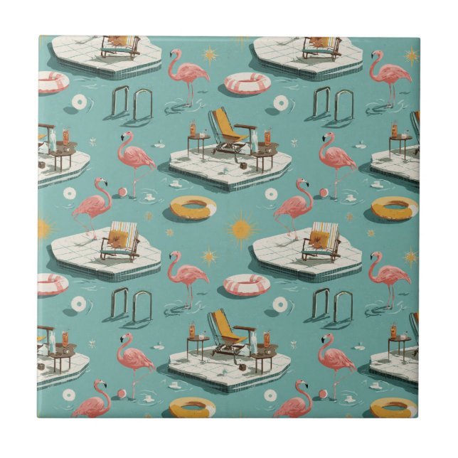 Retro-Flamingo-Poolside-Sommer-Muster (1) Fliese (Vorderseite)