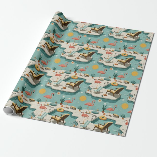 Retro-Flamingo-Poolside-Sommer-Muster (1) Geschenkpapier (Ungerollt)