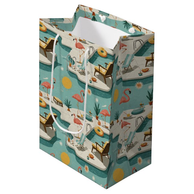 Retro-Flamingo-Poolside-Sommer-Muster (1) Mittlere Geschenktüte (Vorderseite Schrägansicht)
