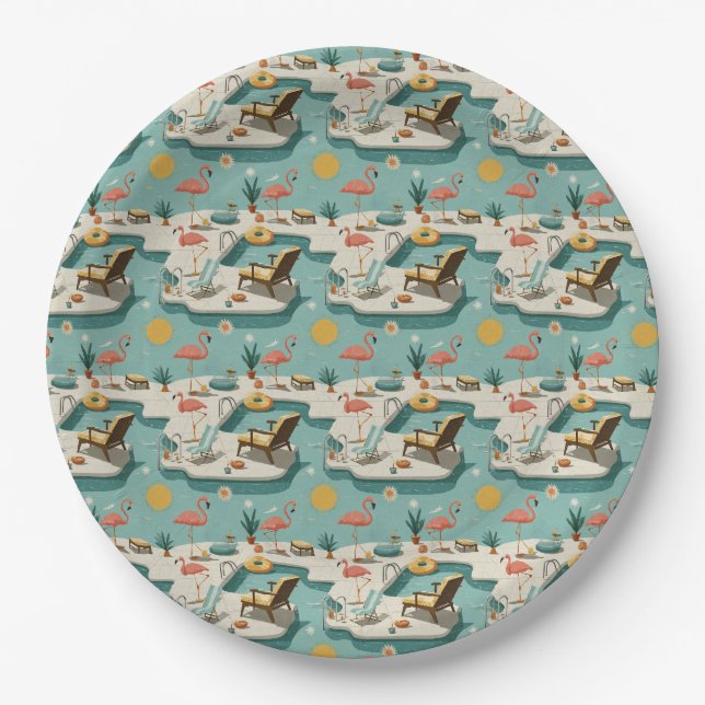 Retro-Flamingo-Poolside-Sommer-Muster (1) Pappteller (Vorderseite)