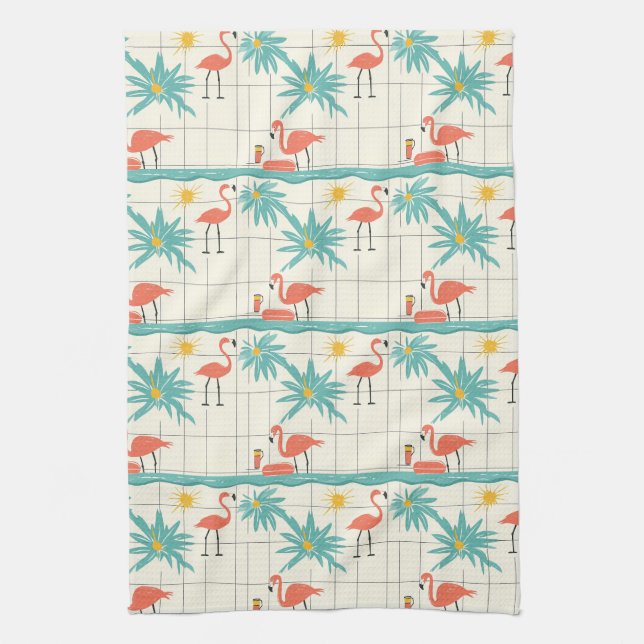 Retro-Flamingo-Poolside-Sommer-Muster (2) Geschirrtuch (Vertikal)