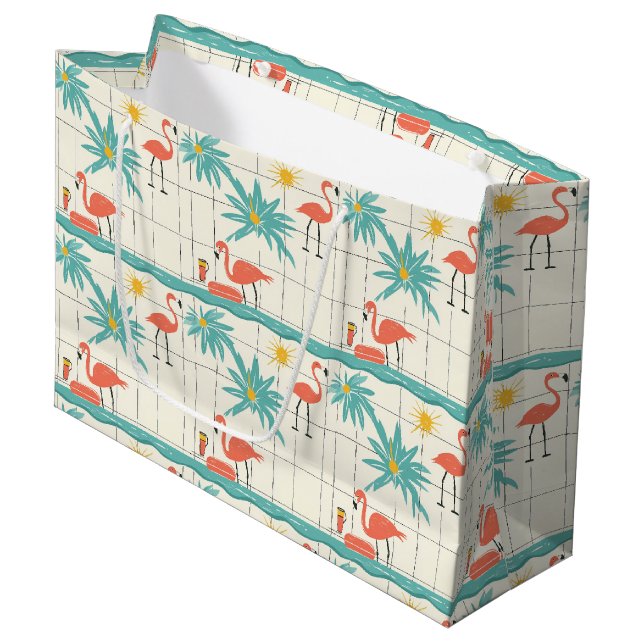 Retro-Flamingo-Poolside-Sommer-Muster (2) Große Geschenktüte (Vorderseite Schrägansicht)