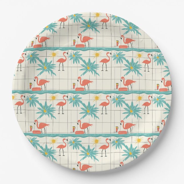 Retro-Flamingo-Poolside-Sommer-Muster (2) Pappteller (Vorderseite)
