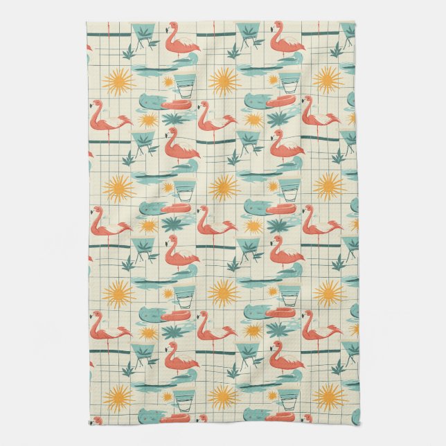 Retro-Flamingo-Poolside-Sommer-Muster (3) Geschirrtuch (Vertikal)